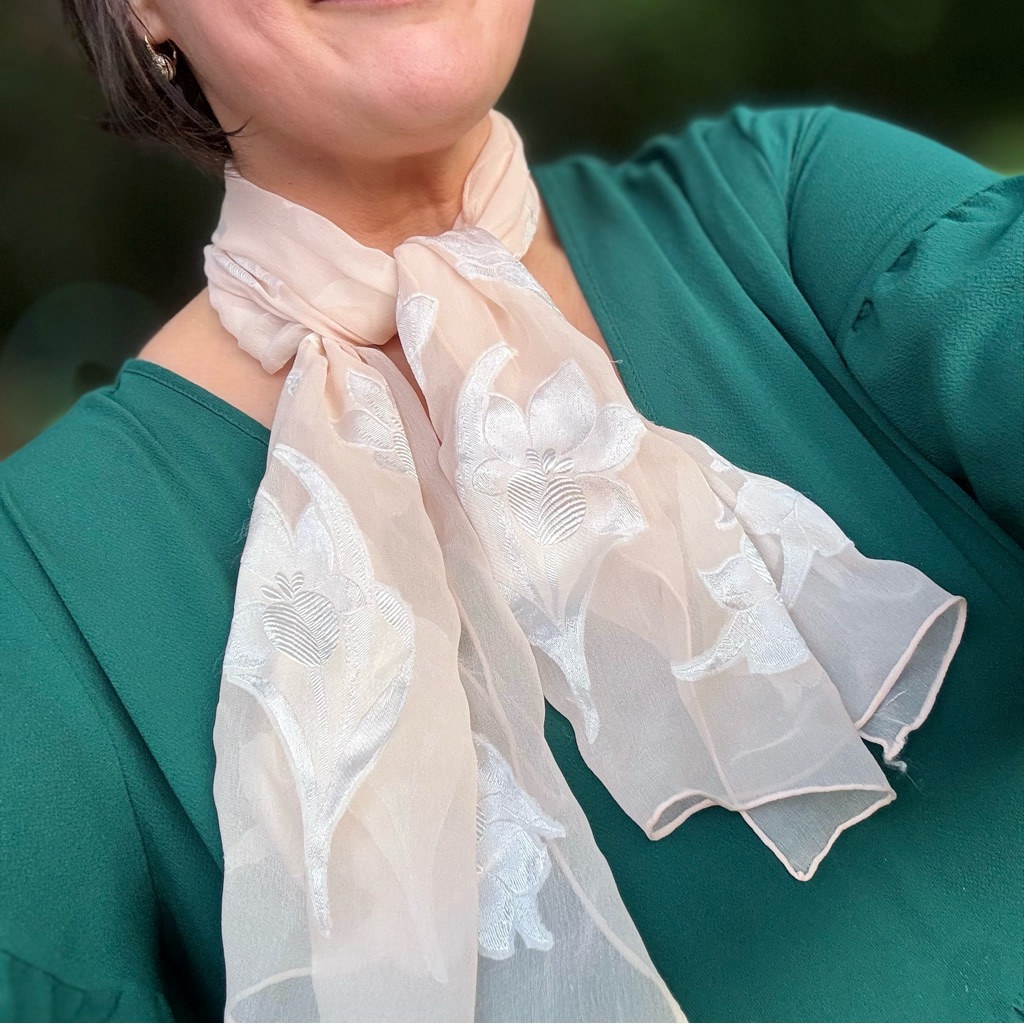 Silk Scarf Pale Pink Cream Floral Pattern